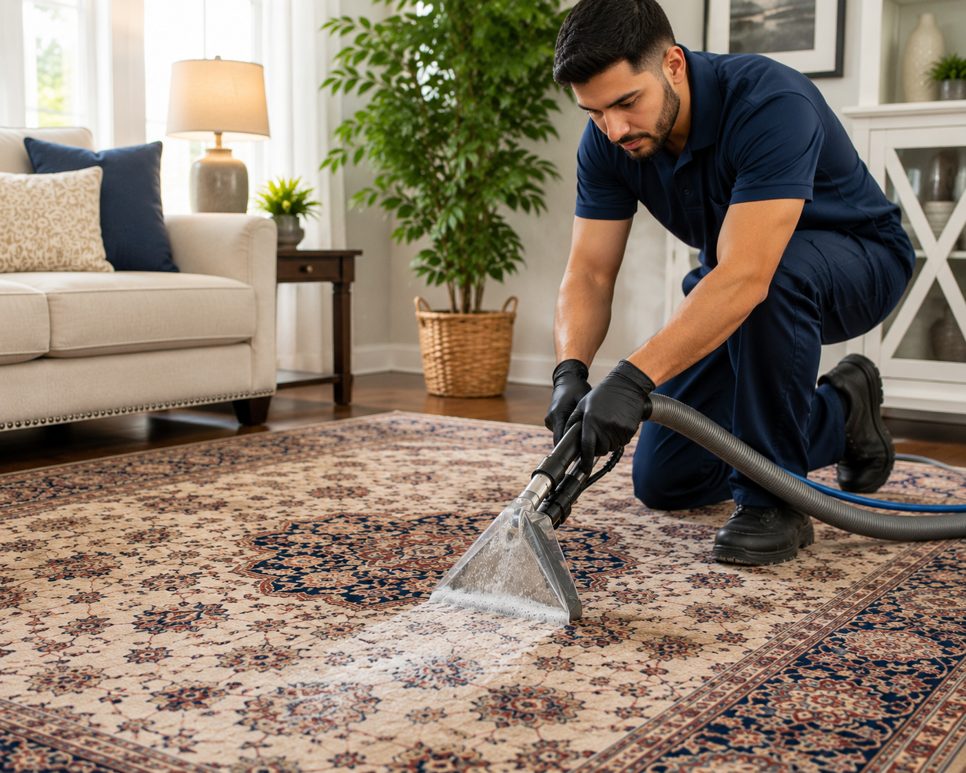 Professional rug cleaning technician in The Woodlands Texas